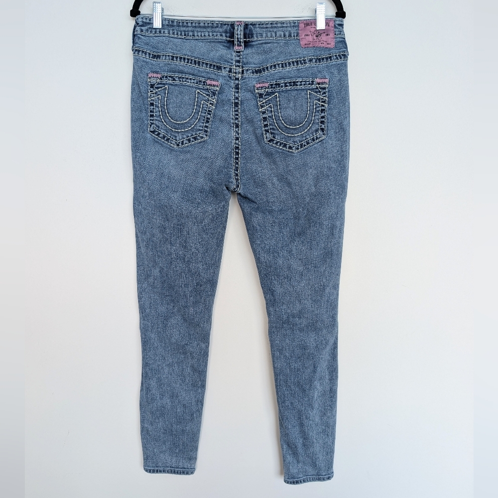 True Religion Jennie Curvy Mid Rise Super Skinny Contrast Blue Denim Jeans Sz 32